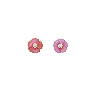Lot 2106 - Pair of Gold, Carved Pink Sapphire and Diamond Flower Earrings