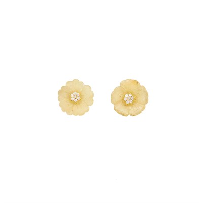 Lot 2058 - Pair of Gold, Carved Yellow Sapphire and Diamond Flower Earrings
