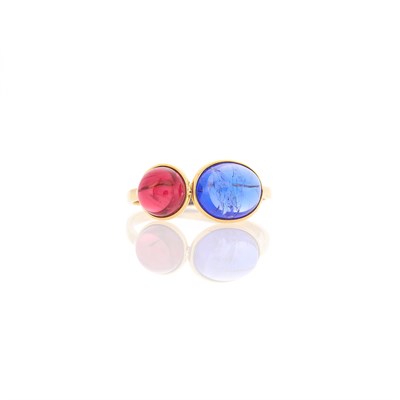 Lot 2096 - Gold, Cabochon Tanzanite and Pink Tourmaline Ring