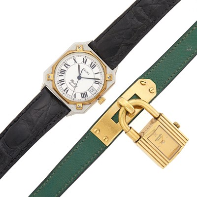 Lot 2039 - Hermès Paris Gilt-Metal 'Kelly' Charm Bracelet-Watch and Gucci Two-Color Steel 'Flatline' Wristwatch