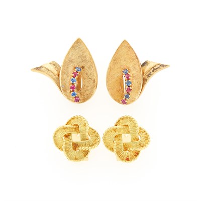 Lot 2063 - Tiffany & Co. Pair of Gold Knot Earrings, France, and Pair of Gold, Sapphire and Ruby Earclips