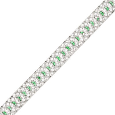 Lot 222 - Platinum, Diamond and Emerald Bracelet, France