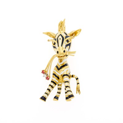 Lot 2053 - Gold and Black and White Enamel, Ruby and Diamond Zebra Pin