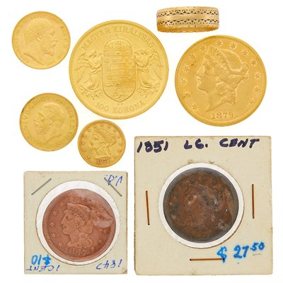 Lot 2018 - Group of United States and Foreign Gold Coins, Metal Coins, and Gold Band Ring