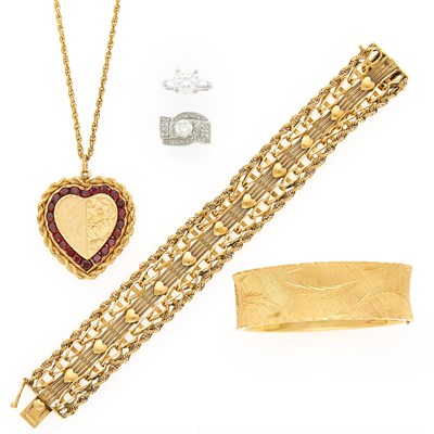 Lot 2034 - Two Gold Bracelets, Heart Pendant with Chain, White Gold and Diamond Ring, and Costume Ring