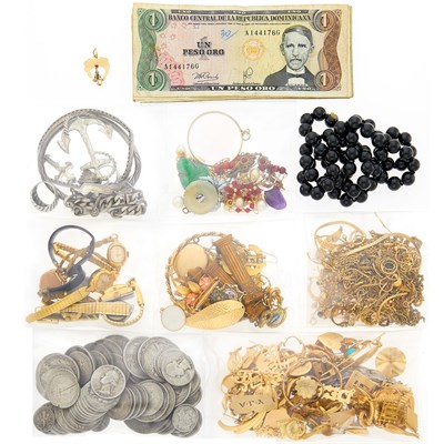 Lot 2051 - Group of United States and Foreign Banknotes, Silver, Clad and Metal Coins, and Group of Gold, Silver and Metal Jewelry