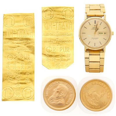 Lot 2063 - Group of Gold Krugerrand Coins, Kim-Thanh Gold Bars and Omega Gold-Tone Metal 'Seamaster' Wristwatch