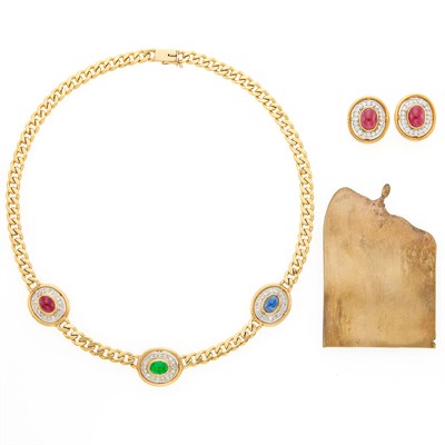 Lot 2065 - Gold, Cabochon Ruby, Emerald, Sapphire and Diamond Necklace, Pair of Earclips and White Gold Plaque Fragment