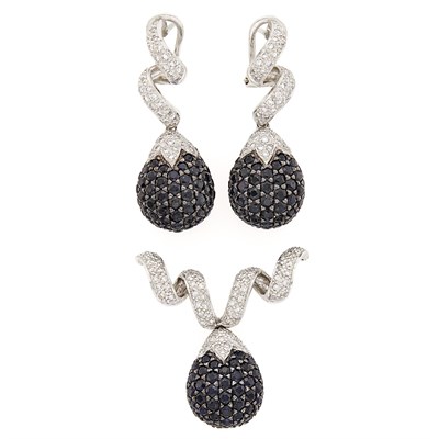 Lot 2188 - Pair of White Gold, Sapphire and Diamond Pendant-Earrings and Pendant