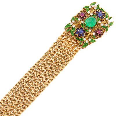 Lot 2115 - Six Strand Gold, Enamel, Cabochon Colored Stone and Diamond Flower Bracelet