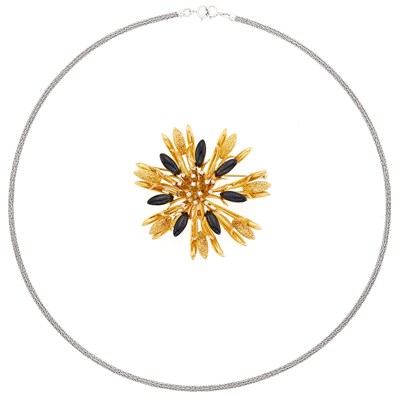 Lot 2123 - Gold, Diamond and Black Enamel Flower Brooch and White Gold Chain Necklace