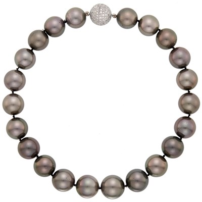 Lot 174 - Tahitian Gray Cultured Pearl Necklace with White Gold and Diamond Ball Clasp