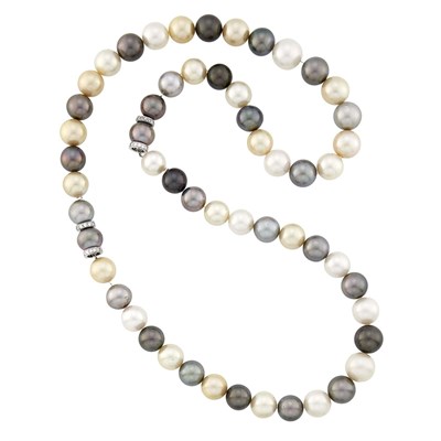 Lot 83 - Multicolored South Sea Cultured Pearl, White Gold and Diamond Necklace