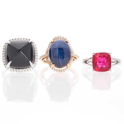 Lot 2162 - Three White and Rose Gold, Pink Tourmaline, Black Onyx, Star Sapphire and Diamond Rings