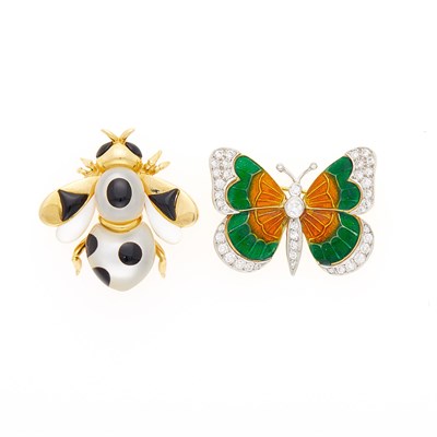 Lot 2025 - Hammerman Brothers Gold, Platinum, Enamel and Diamond Butterfly Pin and Mother-of-Pearl and Black Onyx Bee Pin
