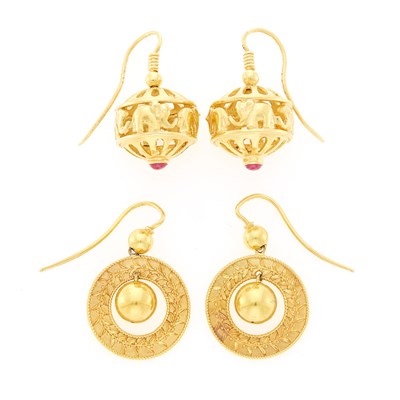 Lot 2092 - Two Pairs of Gold Pendant-Earrings