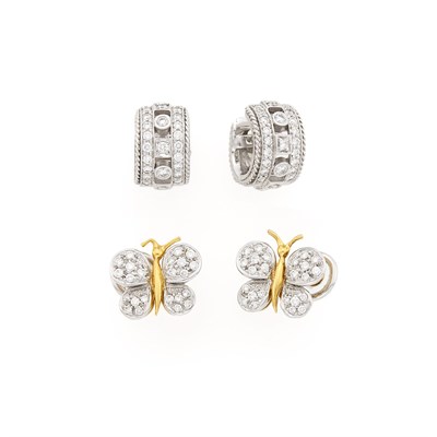 Lot 2152 - Pair of Two-Color Gold and Diamond Butterfly Earrings and White Gold and Diamond Huggie Earrings