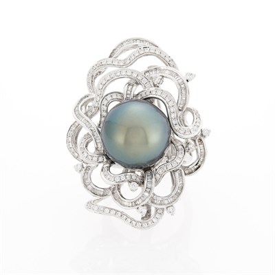 Lot 2179 - White Gold, Black Cultured Pearl and Diamond Ring Pendant-Brooch