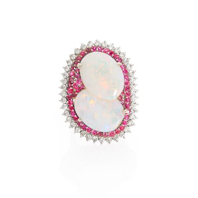 Lot 2197 - White Gold, White Opal, Ruby and Diamond Ring
