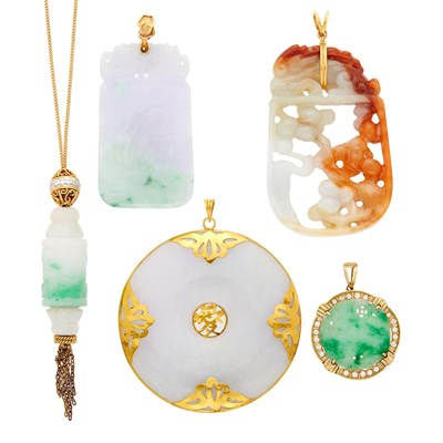 Lot 2213 - Four Multicolored Jade, Gold and Diamond Pendants and Slide Tassel Pendant-Necklace