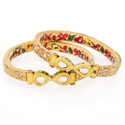Lot 2095 - Pair of Indian Gold, Jaipur Enamel and Foil-Backed Diamond Bangle Bracelets