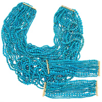 Lot 2209 - Twenty-Eight Strand Turquoise Bead Necklace and Two Fifteen Strand Bracelets with Gold Clasps