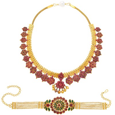 Lot 2109 - Indian Gold, Foil-Backed Ruby and Baroque South Sea Cultured Pearl Necklace and Five Strand Foil-Backed Gem-Set Choker Necklace