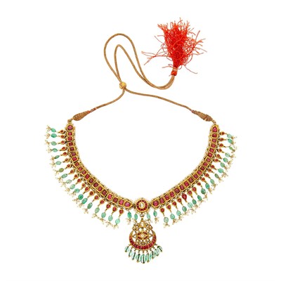 Lot 2105 - Indian Gold, Jaipur Enamel, Foil-Backed Ruby and Diamond, Emerald Bead and Seed Pearl Necklace with Cord