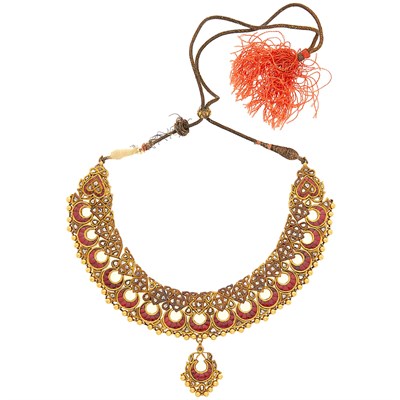 Lot 2119 - Indian Gold, Red Paste and Foil-Backed Diamond Pendant-Necklace with Cord