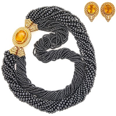 Lot 2227 - Twelve Strand Hematite Bead, Gold, Citrine and Diamond Torsade Necklace and Pair of Earclips