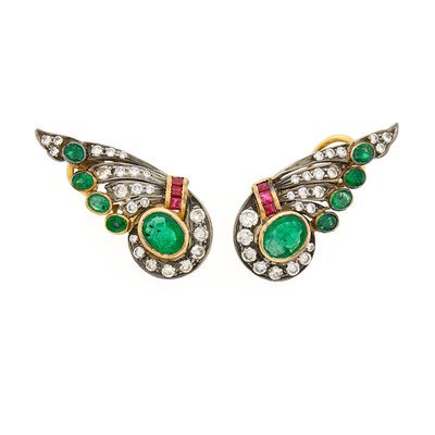 Lot 2097 - Pair of Silver, Gold, Emerald, Ruby and Diamond Wing Earclips