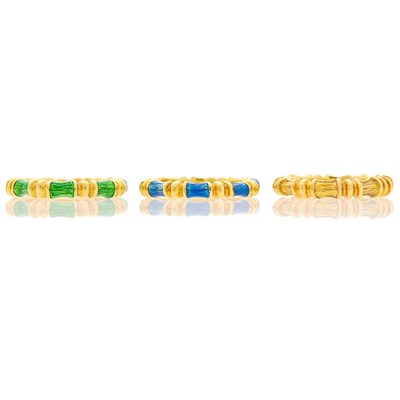 Lot 2065 - Tiffany & Co. Three Gold, Green and Blue Enamel Bamboo Band Rings