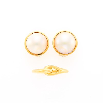 Lot 2038 - Black, Starr & Frost Pair of Mabé Pearl Earclips and Tiffany & Co. Gold Interlocking Ring