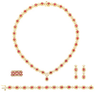 Lot 2125 - Gold, Ruby and Diamond Pendant-Necklace, Bracelet, Pair of Pendant-Earrings and Ring
