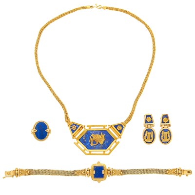 Lot 2242 - Petros & Takis Gold and Lapis Necklace, Bracelet, Pair of Earrings and Ring