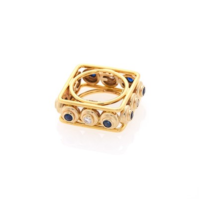Lot 2130 - Two-Color Gold, Sapphire and Diamond Square Ring