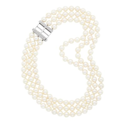 Lot 1251 - Three Strand Cultured Pearl Necklace with Low Karat White Gold and Diamond Clasp