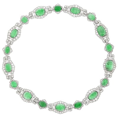 Lot 220 - Chaumet Platinum, Carved Emerald and Diamond Necklace/Pair of Bracelets Combination, France