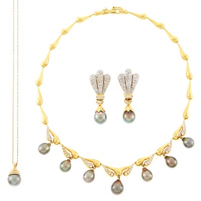 Lot 2182 - Two-Color Gold, Gray Cultured Pearl and Diamond Fringe Necklace, Pair of Pendant-Earrings and Pendant with Chain Necklace