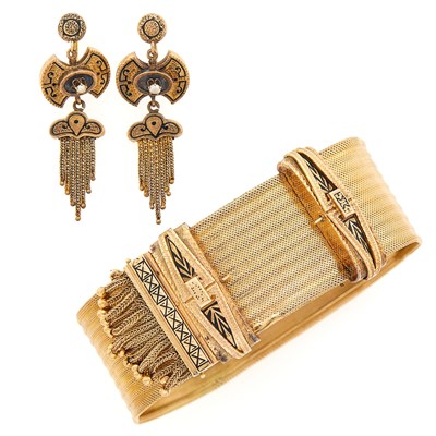 Lot 2076 - Antique Gold Fringe Slide Bracelet and Pair of Split Pearl and Black Enamel Pendant-Earrings