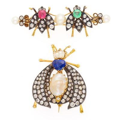 Lot 2077 - Two Antique Gold, Silver, Baroque Pearl, Colored Stone and Diamond Insect Brooches