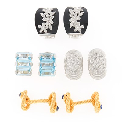 Lot 2159 - Three Pairs of White Gold, Diamond, Black Onyx and Blue Topaz Earclips and Pair of Gold and Cabochon Sapphire Cufflinks