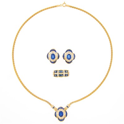 Lot 2131 - Gold, Sapphire and Diamond Pendant-Necklace, Ring and Pair of Earclips