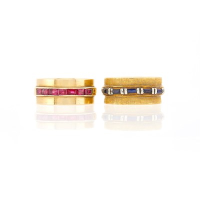Lot 2129 - Two Wide Gold, Sapphire and Ruby Band Rings