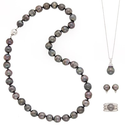 Lot 2178 - Group of White Gold, Semi-Baroque Black and Gray Cultured Pearl and Diamond Jewelry