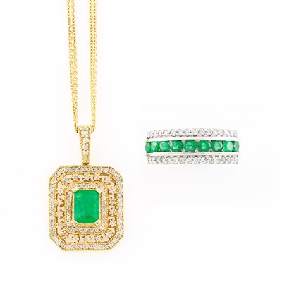Lot 2151 - Gold, Emerald and Diamond Pendant with Chain Necklace and White Gold, Emerald and Diamond Ring
