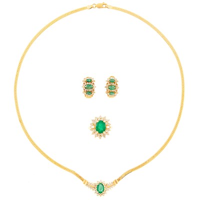 Lot 2145 - Gold, Emerald and Diamond Pendant-Necklace, Pair of Earrings and Ring