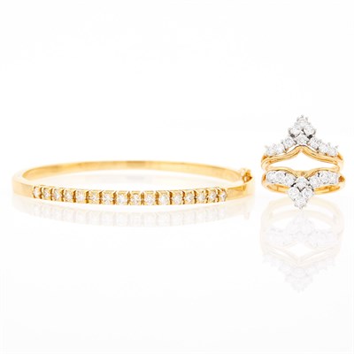 Lot 2251 - Two-Color Gold and Diamond Ring Jacket and Bangle Bracelet