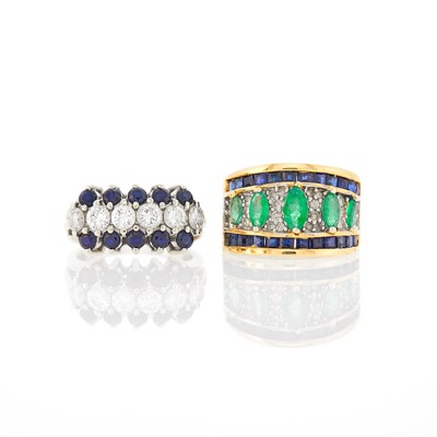 Lot 2155 - Two-Color Gold, Sapphire, Emerald and Diamond Ring and White Gold, Sapphire and Diamond Ring