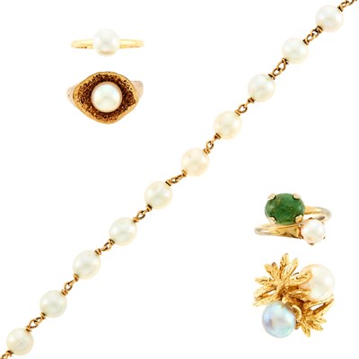 Lot 2247 - Four Gold, Gilt-Metal, Cultured Pearl and Jade Rings and Cultured Pearl Bracelet